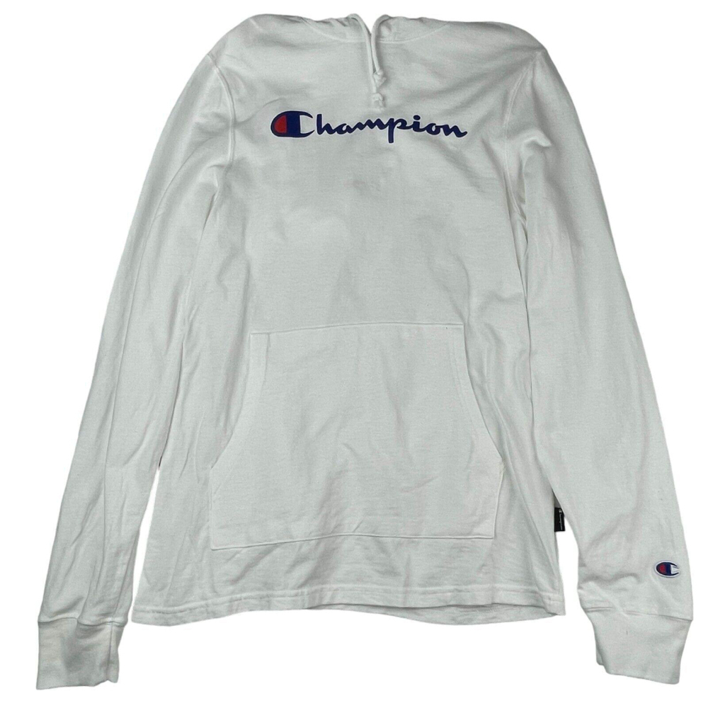 Champion Hoodie Mens Small White Authentic Logo Hooded Drawstring Long Sleeve